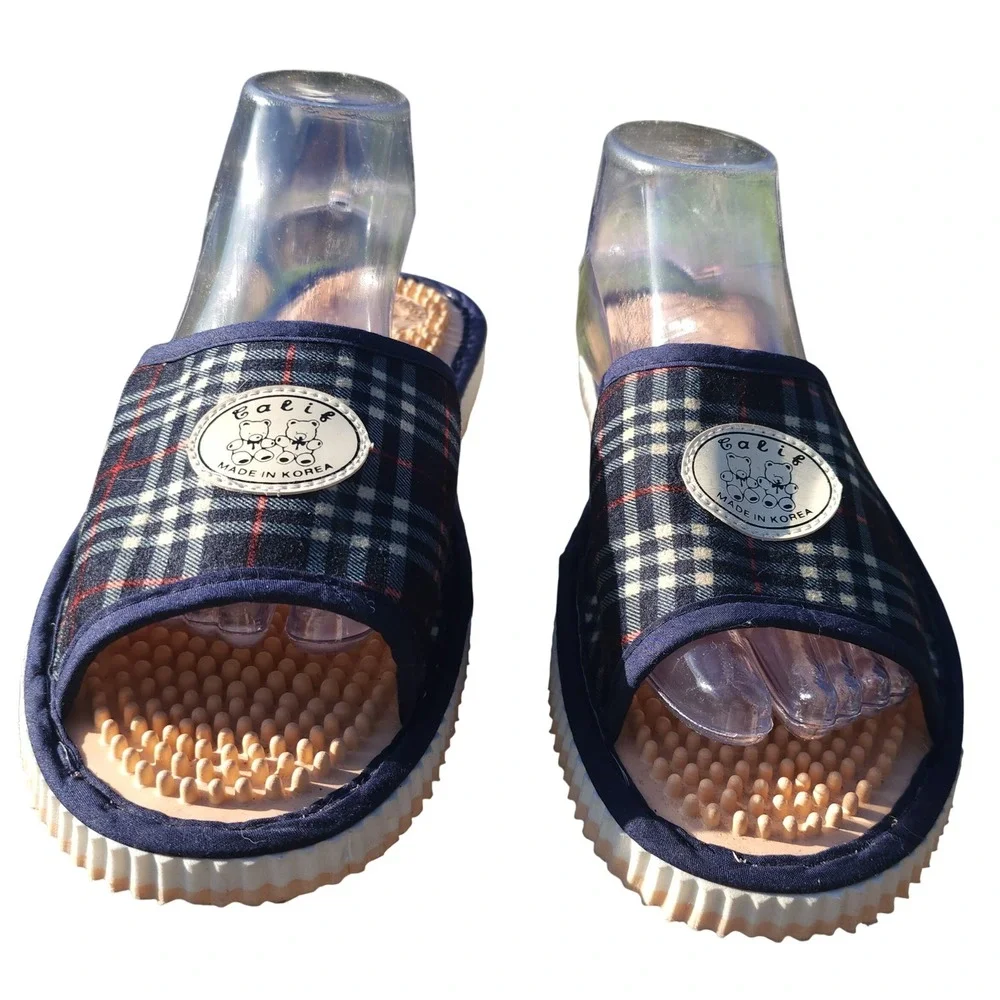 Calif Navy Blue Plaid Acupressure Massage Slide Sandals Made in Korea Size XL
